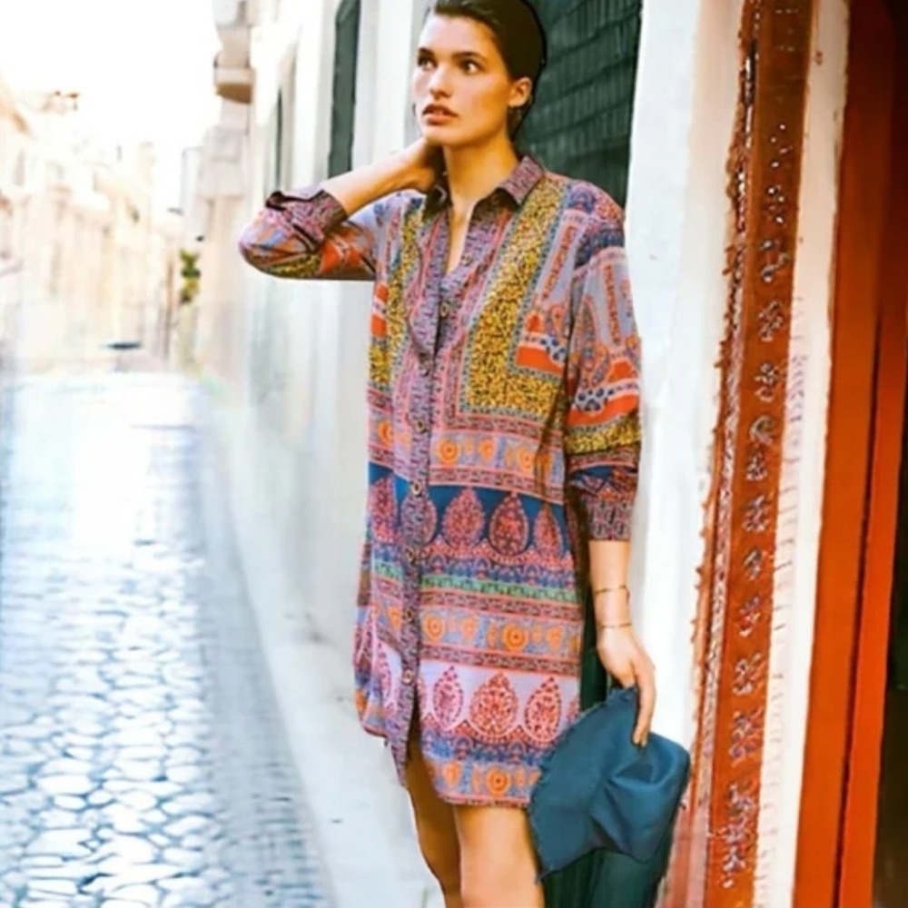 Anthropologie Maeve Casablanca 100% Silk Shirt Dress SZ 6 Mixed‎ Paisley Print